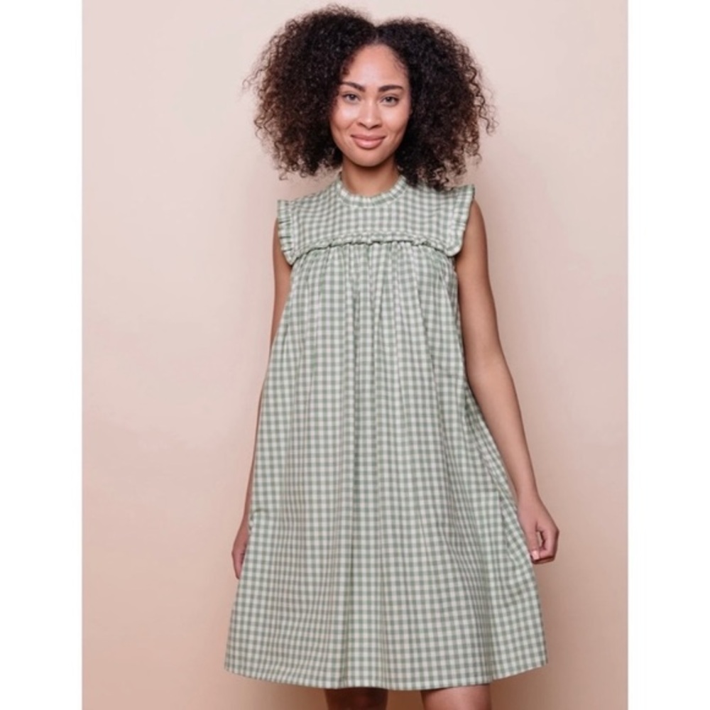 Mata Traders Soleil Sage Green Gingham Babydoll Ruffle Dress